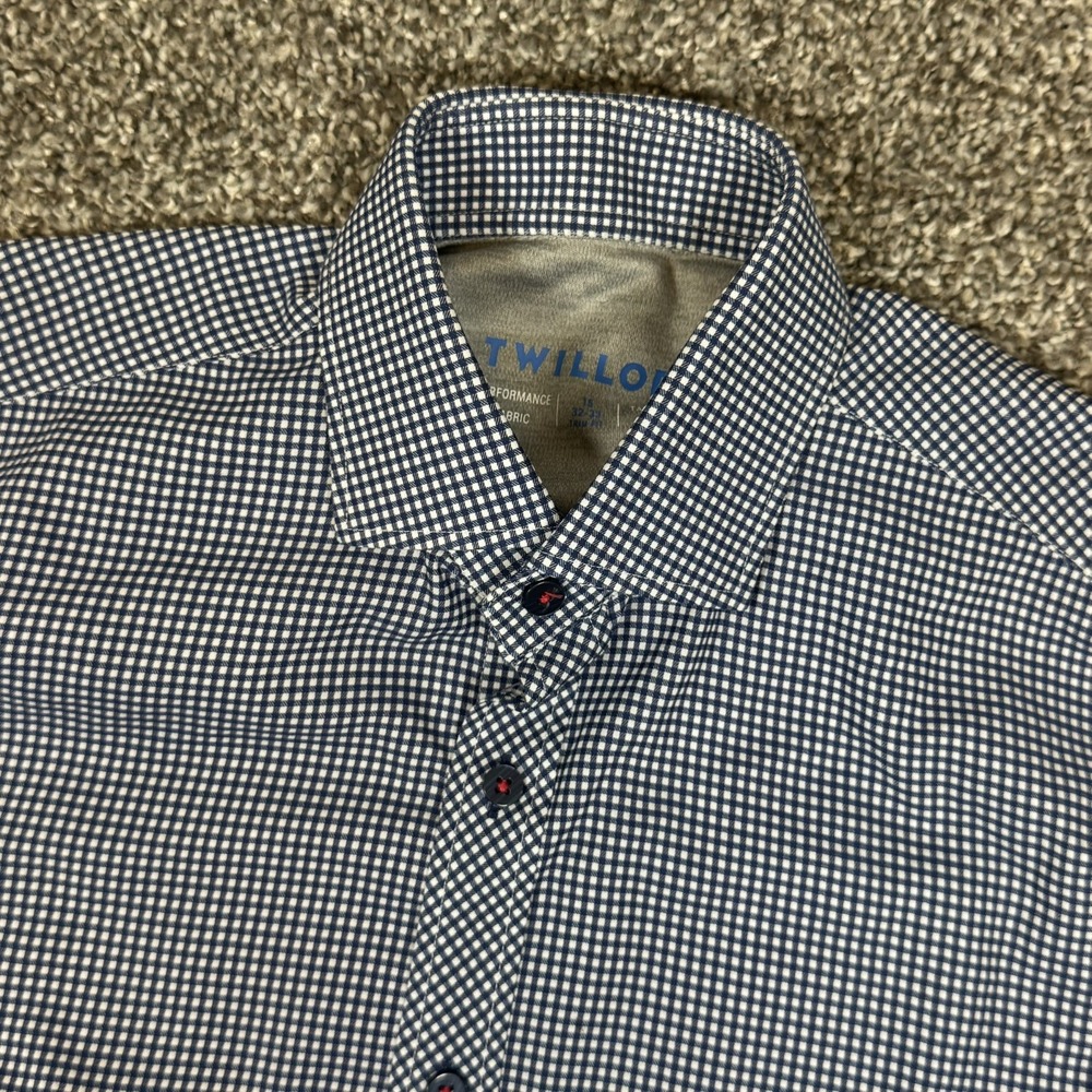 Twillory Mens Performance Dress Shirt 15 32/33 Trim Fit Blue White Gingham Check